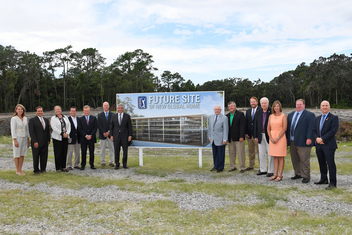 Members of the PGA Tour leadership team, St. Johns County commissioners, administrators and staff officially mark the site of the PGA Tour’s new Global Home at a private event last week. Pictured from left to right are Allison Keller, PGA Tour chief administrative officer;  Jim Triola, COO, PGA Tour golf course properties; Suzanne Konchan, St. Johns County (SJC) growth management director; Jimmy Johns, SJC commissioner; Ron Price, PGA Tour chief operating officer; Jeb Smith, SJC commissioner; Jay Monahan, PGA Tour commissioner; Deane Beman, former PGA Tour commissioner; Henry Dean, chair, board of SJC commissioners; Michael Wanchick, SJC administrator; Jay Morris, SJC commissioner; Melissa Glasgow; SJC economic development director; Paul Waldron, SJC commissioner; and Patrick McCormack; SJC attorney.